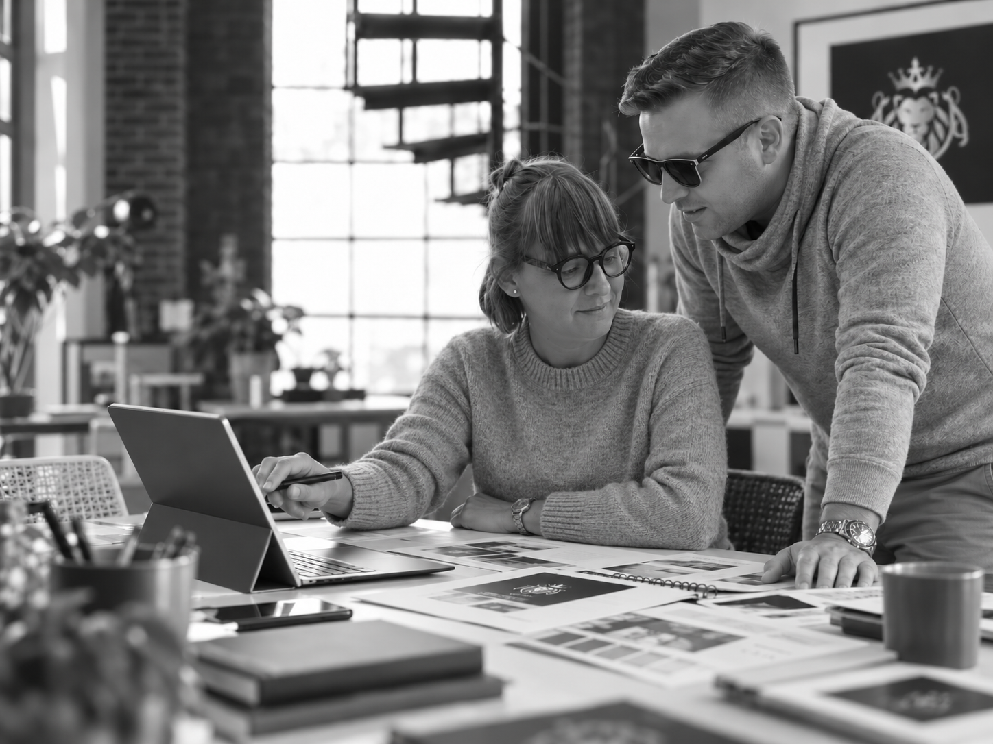 Dwóch projektantów współpracuje nad laptopem z obrazami produktów na ekranie.